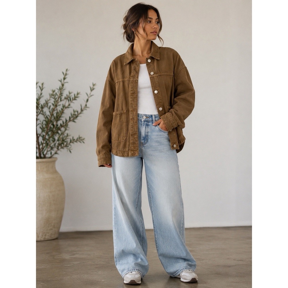 Zara XS Brown Washed Cotton Oversized Utility Chore Jacket Shacket 0108/224/730